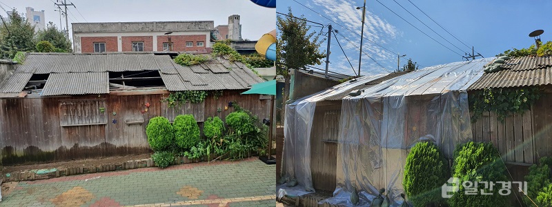 지난 태풍으로 지붕이 반쯤 파손된 신일철공소 모습(왼쪽)과 석면가루가 날리지 않게 비닐로 응급조치한 모습(오른쪽) (사진=인천동구)