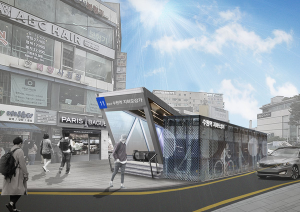 수원시가 ‘수원역 지하도상가 보행환경 개선 사업’으로 수원역 11번 출구 내·외부를 ‘이용자 친화 공간’으로 개선한다. 지난 3월 기본·실시설계 용역을 발주했고, 6월에 용역을 마치고 공사를 시작해 10월 완공할 예정이다. (조감도=수원시)
