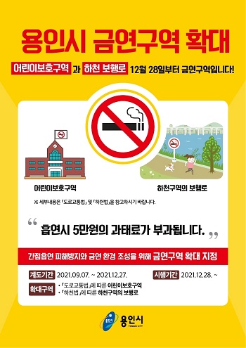 용인시의 모든 어린이보호구역과 하천보행로에서는 12월28일부터 흡연이 금지되며 이를 어길 시 5만원의 과태료가 부과된다. (사진=용인시)