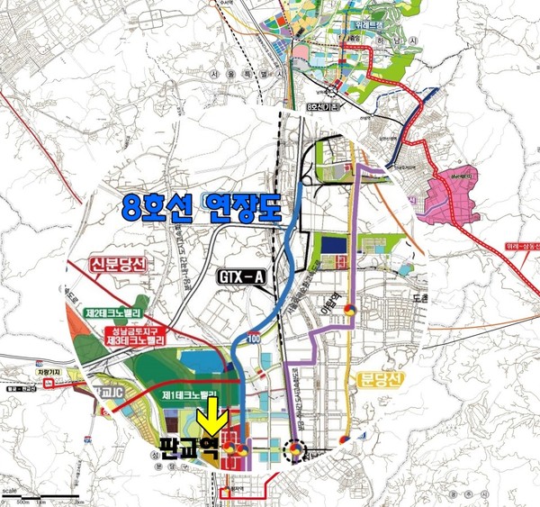 성남시는 현재 한국개발연구원(KDI)에서 예비타당성조사 중인 지하철 8호선 판교연장사업의 주민 염원 홍보 및 공감대 형성을 위한 챌린지를 1월12일부터 진행한다고 밝혔다. 사진은 지하철 8호선 연장도. (사진=성남시)