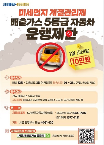 경기도 미세먼지 계절관리제 5등급 차량 운행제한을알리는 포스터. 