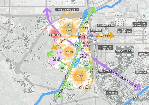평택시와 도시공사에 따르면 평택지제역세권은 향후 GTX-A‧C노선, 고덕국제신도시와 연계되는 BRT 노선 등 향후 발생할 교통량을 감안해 환승센터 일원과 잔여부지가 나눠 개발된다. (사진=평택시)
