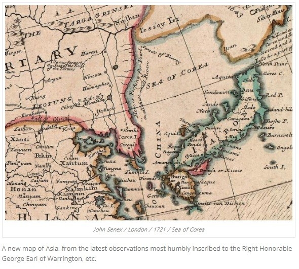 동해는 대다수 서양 고지도에 한국해(Corean Sea)로 표기되어 있다.&nbsp; 사진은 1721년 존 세넥스가 제작한 지도로 동해가 한국해로 표기돼 있다.&nbsp;