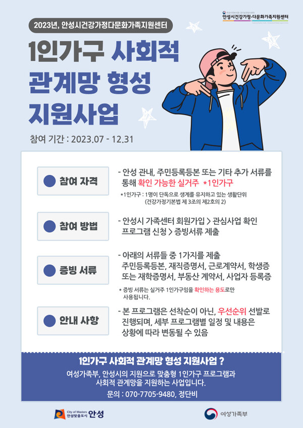 안성시는 7월26일 지역 내 관내 청년 1인 가구의 삶의 질 향상과 점진적인 사회적 관계망 형성을 위해 &lsquo;1인가구 사회적 관계망 형성 지원사업&rsquo;을 추진한다고 밝혔다. (사진=안성시)
