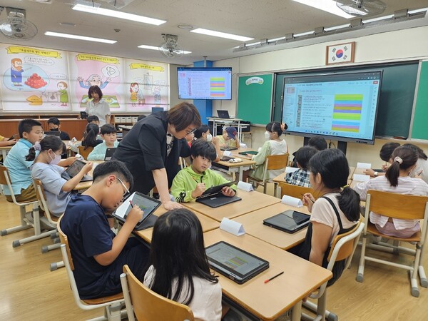 9월25일 김포 솔터초등학교를 방문해 하이러닝을 활용한 교육활동을 참관하고 현장 의견을 청취했다. (사진=경기도교육청)