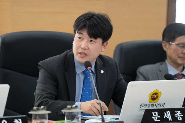 인천시의회 문세종(민주당&middot;계양4) 산업경제위원회 의원이 11월9일 인천시 행정감사에서 인천e음 지우기 의혹을 제기하고 있다. (사진=인천시의회)