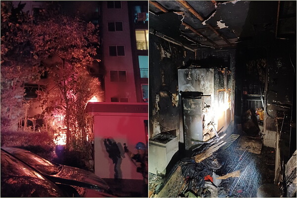 11월14일 새벽 1시7분께 부천시 중동 소재 A아파트 1층에서 전기장판이 합선되면서 화재가 발생해 2600여 만원 상당의 피해가 발생했다. (사진=부천 소방서)