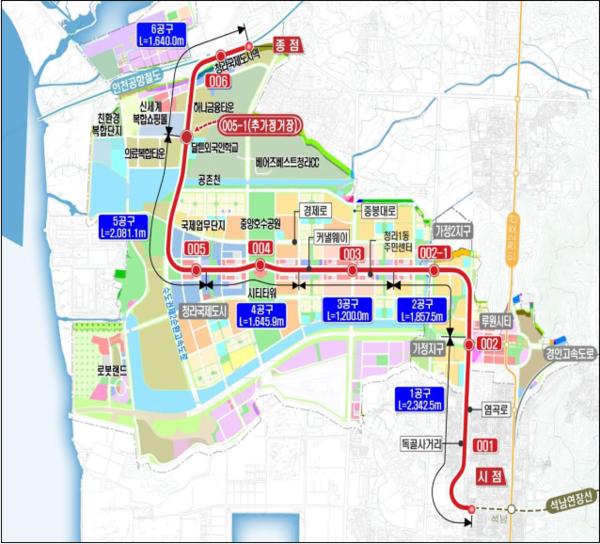 국토교통부는 2월22일 현재 시공 중인 ‘서울도시철도 7호선(서울7호선) 청라국제도시 연장 건설사업’에 추가역(005-1, 스타필드 청라 부근)을 신설하는 도시철도기본계획 변경을 승인했다. (위치도=인천시)