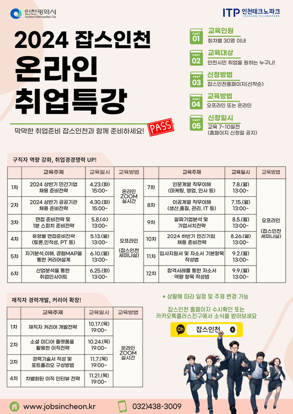 인천테크노파크(인천TP)는 남동구 구월동에 위치한 일자리 카페 잡스인천에서 오는 11월까지 온·오프라인 취업특강을 운영한다고 11일 밝혔다. 인천테크노파크 잡스인천 안내 포스터.(사진=인천테크노파크)
