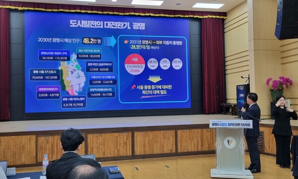 박승원 광명시장은 4월25일 오전 광명시청 대회의실에서 열린 철도정책 브리핑에서 철도정책을 설명하고 있다. (사진=박웅석 기자)