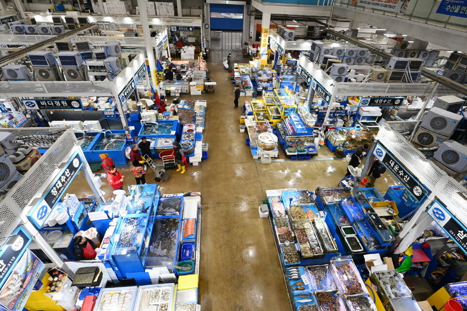 수원시농수산물도매시장 수산동에서 7월6~12일(7일 제외) 국내산 수산물을 구매하면 최대 2만원을 온누리상품권으로 환급받을 수 있다. 수원농수산물시장 수산동 전경. (사진=수원시)