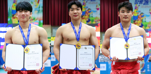 ‘제61회 대통령기전국장사씨름대회’에서 우승한 인하대 (왼쪽부터)경장급 박정민, 소장급 김준태, 용사급 김효겸 선수.(사진=대한씨름협회)