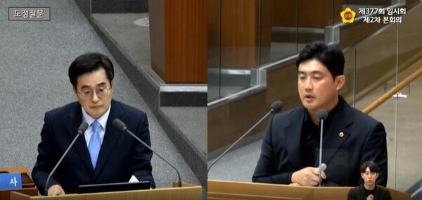 3일 열린 경기도의회 본회의 도정질문에서는 김동연 경기도지사와 이상원 도의원 설전을 벌이고 있다. (경기도의회 중계방송 화면)