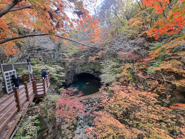 붉은 단풍이 들어 더욱 아름다운 자태를 자랑하는 비둘기낭 폭포. (사진=김순철 기자)