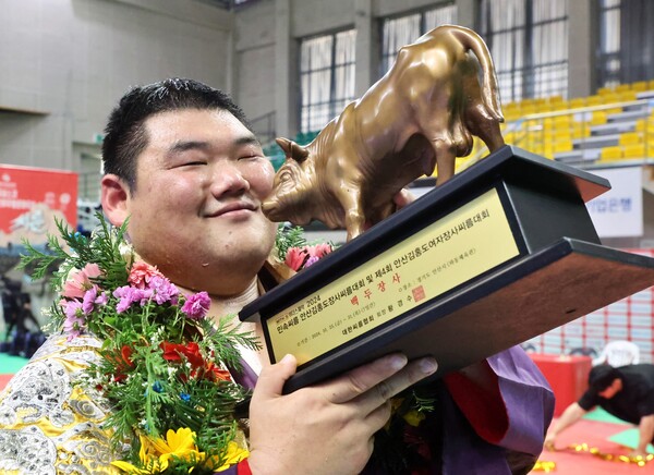 용인시 직장운동경기부 씨름팀은 10월25일부터 31일까지 안산시 와동체육관에서 열린 ‘2024 민속씨름 안산김홍도장사씨름대회’에서 태백장사(80㎏이하)와 한라장사(104㎏이하), 백두장사(140㎏이하)를 석권하는 쾌거를 거뒀다. (사진=용인시)