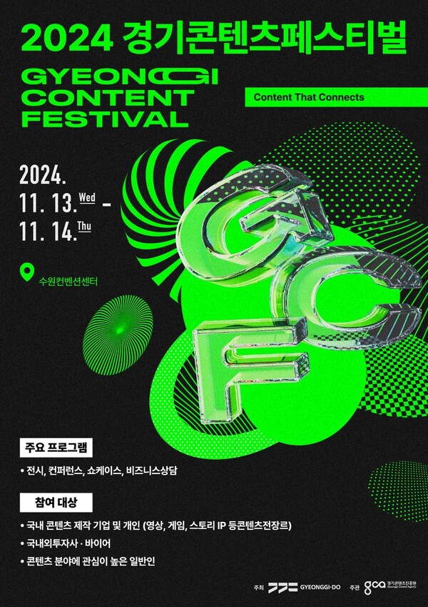 매출액 35조 원에 달하는 경기도 콘텐츠 산업을 한눈에 볼 수 있는 글로벌 콘텐츠 비즈니스 축제 ‘경기콘텐츠페스티벌(GCF 2024)’이 11월 13일부터 14일까지 수원컨벤션센터에서 개최된다. 