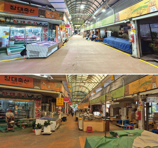  인천시 남동구는 만수동 장승백이 전통시장 내 중앙통로를 장기간 점유해 온 노점상을 이전 재배치해 이용객 통행권을 확보했다고 8일 밝혔다. 재배치 이전(아래)와 이후. (사진=남동구)