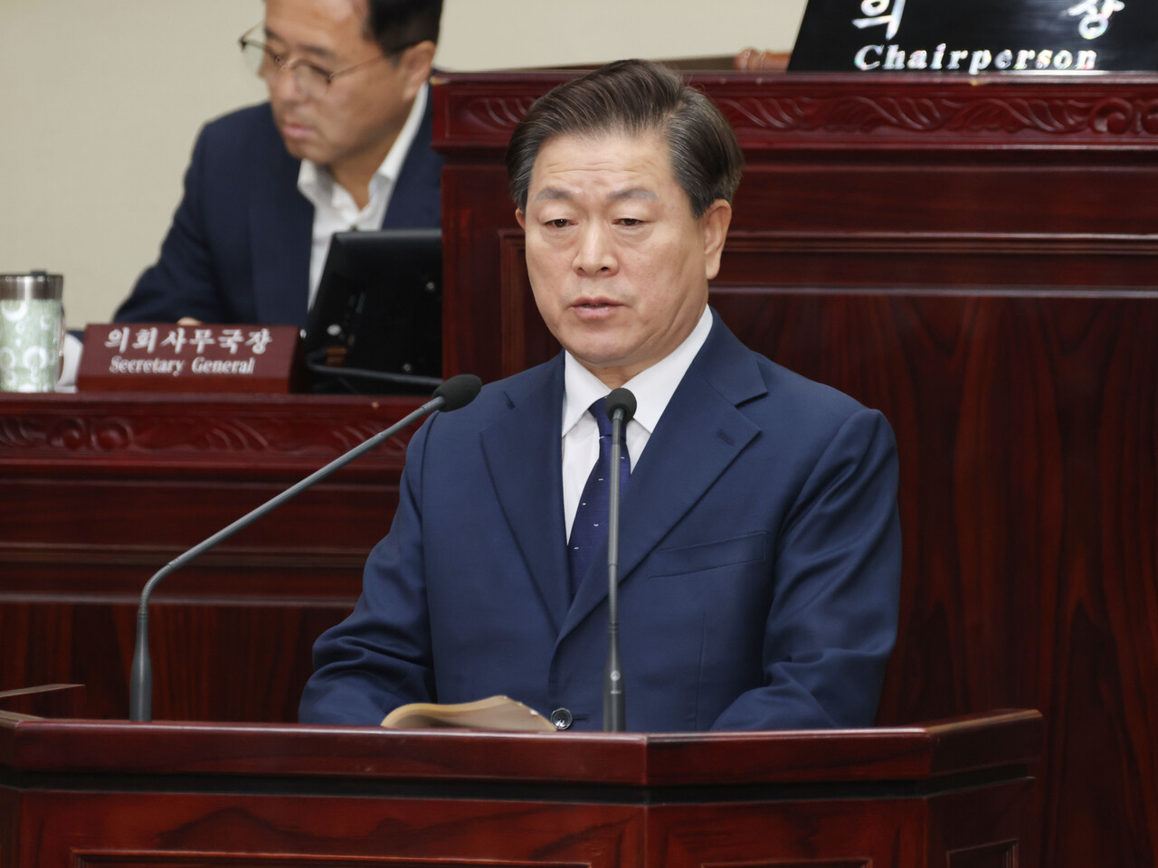 박승원 광명시장은 11월21일 광명시의회 제2차 정례회 시정연설에서 재정위기에도 흔들림 없이 지속가능한 도시라는 시정 핵심 과제를 완수하겠다는 각오를 천명했다.  (사진=광명시)