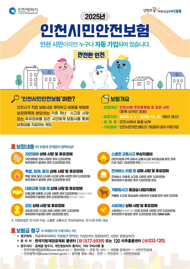 인천시민안전보험 보장항목이 7개 추가되고, 보장한도도 2000만원으로 확대되어 인천 시민들의 안전한 일상이 확보된다. (사진=인천시)