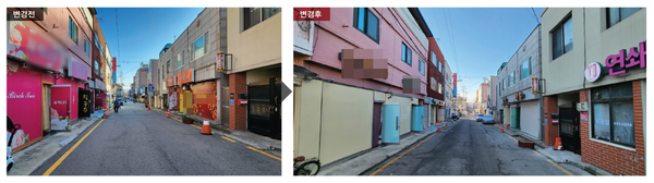 평택시가 선정적 간판으로 인한 민원이 끊이지 않았던 통복시장로 일명 '방석집 골목' 865m 구간의 도시 미관을 전면 개선했다. (사진=평택시)