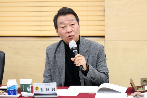 강태형 도의원이 3월20일 안산시청에서 열린 경기도의회-안산시 지역 현안 정책 간담회에서 안산시 주요 현안 해결을 위한 제안을 하고 있다. (사진=경기도의회)