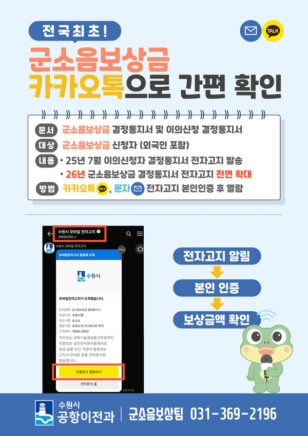 수원시가 전국 최초로 모바일 전자고지 서비스를 도입해 군소음보상금 결정 통지서를 발송한다. (사진=수원시)