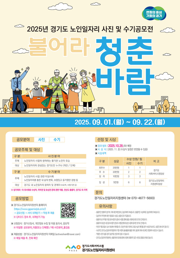 경기도사회서비스원 노인일자리지원센터는 9월1일부터 22일까지2025년 경기도 노인일자리 사진 및 수기공모전 ‘불어라,청춘바람’을 개최한다. (사진=경기도사회서비스원)