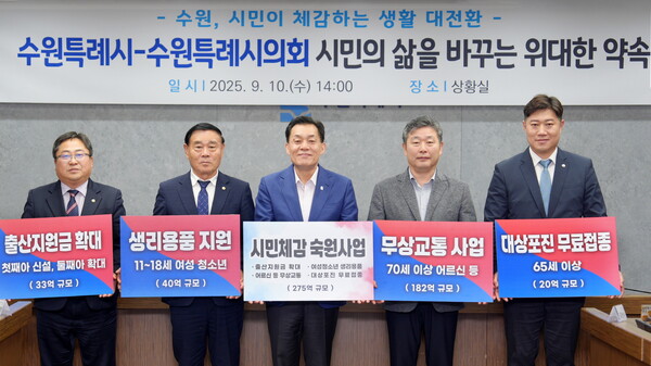 수원시 여야가 민생안정을 위한 시민체감 숙원사업 추진을 공동선언했다. 이재준 수원시장, 수원시의회 이재식 의장, 김정렬 부의장, 김동은 더불어민주당 교섭단체 대표, 박현수 국민의힘 교섭단체 대표는 9월 10일 시청 상황실에서 공동선언을 하고 협력을 약속했다. (사진수원시)