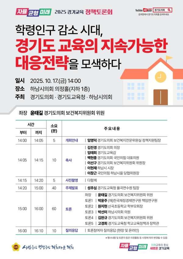 경기도의회 보건복지위원회 윤태길(국민의힘, 하남1) 의원은 오는 10월17일 오후 2시, 하남시의회 의정홀(지하 1층)에서 「학령인구 감소 시대, 경기도 교육의 지속가능한 대응전략을 모색하다」를 주제로 정책토론회를 개최한다고 밝혔다. (사진=경기도의회)