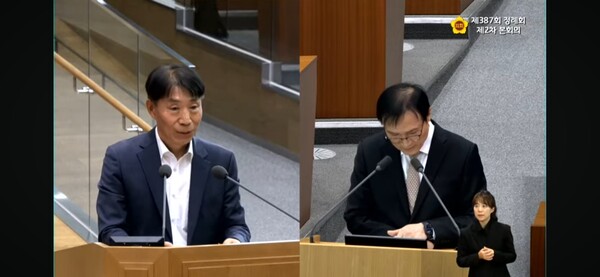 11월5일 경기도의회 본회의에서 이홍근 경기도의회 의원이 임태희 경기도교육감을 상대로 도정질의를 하고 있다. (사진=경기도의회 유튜브 갈무리)